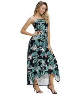 Black Leaf and floral pattern Strapless maxi dress [LAST CHANCE]