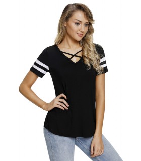 Black short-sleeved lattitticy shirt with white stripes