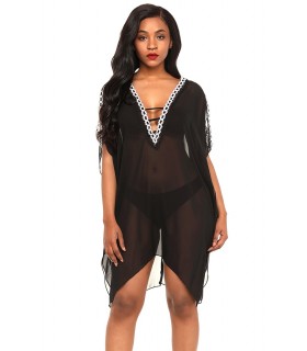 Black decorative red beach tunic with ribbons