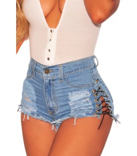 Blue denim shorts with strings