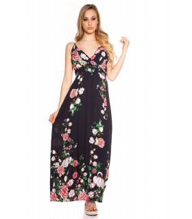Dark blue swan/rose pattern v-maxi