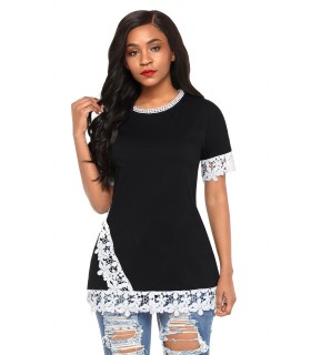 Black short-sleeved shirt with white lace