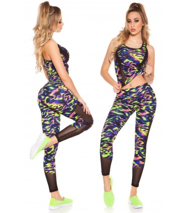 Blå Leoprint mesh workout tights + topp