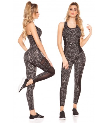Svart tryck mönster mesh workout tights + top