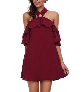 Burgundy ruffled party dress with shoulder shreds