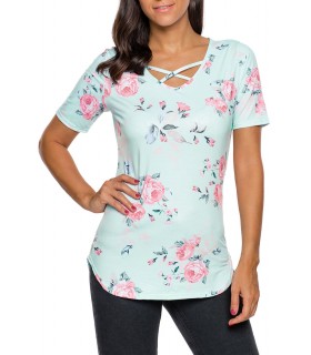 Light blue floral pattern short-sleeved lattittile shirt [LAST CHANCE]