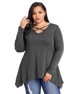 Grey asymmetric lattix shirt with pockets (plus size)