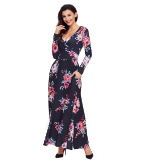 Black floral pattern long sleeve v-maxi