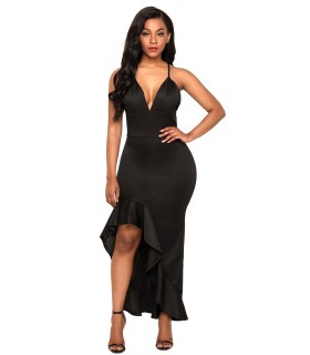 Black ruffled high low v-dress [LAST CHANCE]