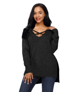 Black lattice decorated High Low Sweater [LAST CHANCE]