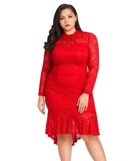 Red long-sleeved high low lace dress (plus size)