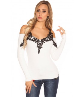 Koucla white lace embroidered knit with shoulder shreds