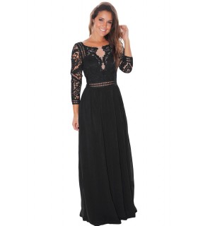 Black lace embroidered long party dress