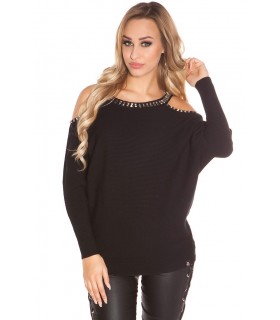 Koucla black riveted loose knit with shoulder shreds