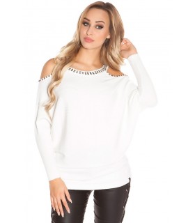 Koucla white rivet-stained loose knit with shoulder shreds