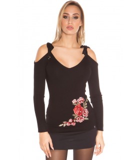 Koucla black floral embroidered knit with shoulder shreds [LAST CHANCE]