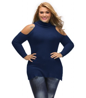 Dark blue high-collar ribbineule with shoulder shreds (plus size)