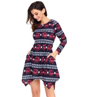 Dark blue asymmetric print dress with pockets