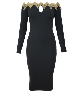 Svart guld broderat off-shoulder midimekko [SISTA CHANSEN]