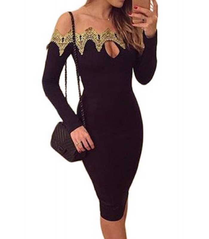 Svart guld broderat off-shoulder midimekko – kuva 3