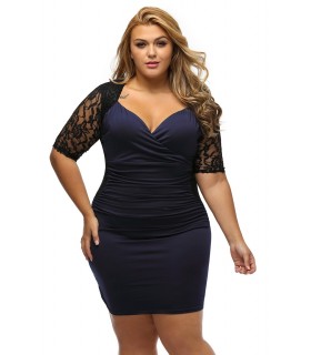 Blue and black lace-ornamented illusion dress (plus size)