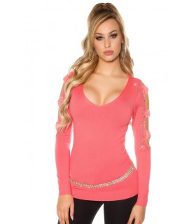 Koucla coral bow-sleeved v-knit with rhinechese [CHRISTMASLE]