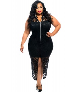 Black lace-ornamented zip dress (plus size)