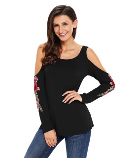 Black floral embroidered shirt with shoulder shreds