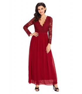 Red lace-orned open-back long v-party dress [LAST CHANCE]