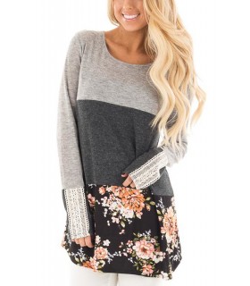 Grey-striped long-sleeved shirt with flowers
