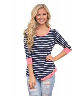 Coral blue and white striped 3/4 sleeve shirt with buttons