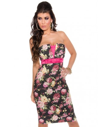 Koucla svart strapless blommig mönsterklänning