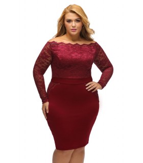 Viininpunainen off-shoulder pitsimekko (plus size)
