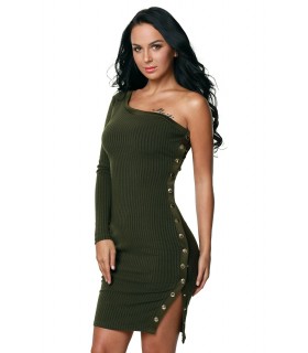 Green one-sleeved ribbed dress with ppars