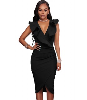 Black v-midimekko with ruffles