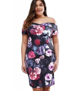 Kukkakuvioinen off-shoulder juhlamekko (plus size)
