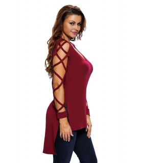 Burgundy lattix sleeve high low shirt