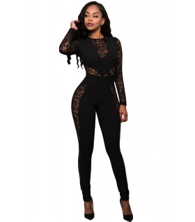 Black long sleeve lace-ornate jumpsuit
