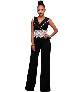 Black and white decorative embroidered v-jumpsuit