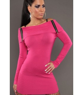 Pink off-shoulder knit dress with zippers