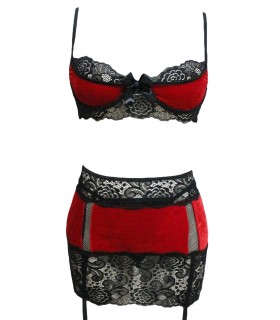 Red and black velvet lace garter vest set