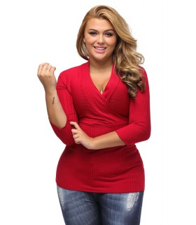 Red 3/4 sleeve v-ribbineule (plus size)