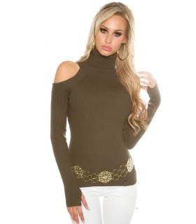 Koucla khaki high-collared ribbineule with shoulder shreds