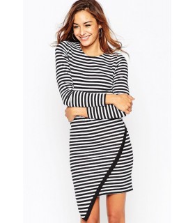 Long sleeve striped dress with asymmetrical hem
