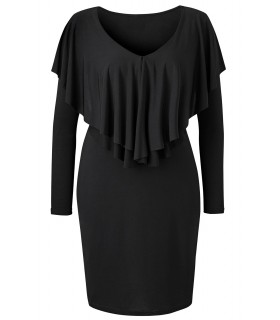 Black long-sleeved v-ruffle dress (plus size)