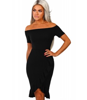 Black off-shoulder wrap ruffle dress