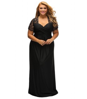 Black lace-orned long party dress (plus size)