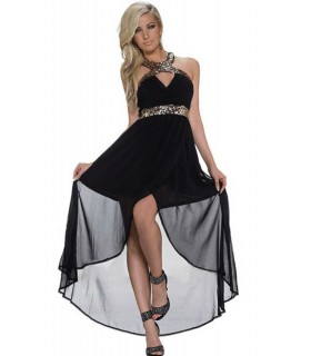 Black sequin-embelldered high low chiffon dress
