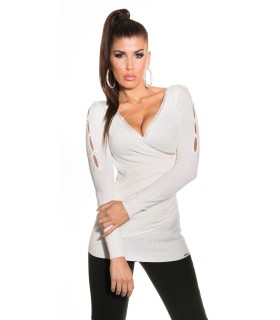 Koucla white rhine-decorated v-knit with rye