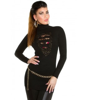 Koucla black rhine-tinted and lace-decorated knit dress with slits